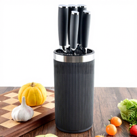 Ensemble de couteaux de cuisine en acier inoxydable 6 pièces avec support cylindrique à rayures verticales, anneau en acier, conception ambidextre, longueur de lame
