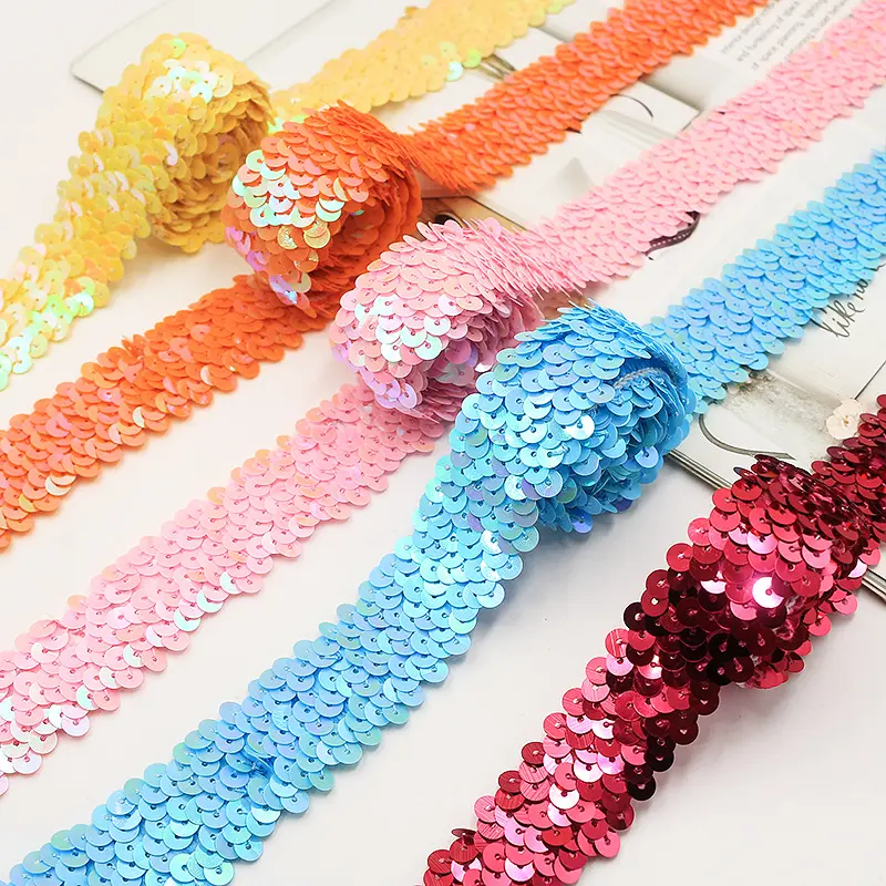 hot sale elastic sequin lace 3cm width sequins lace 3 row stretch sequin trimmings ribbon for dresses