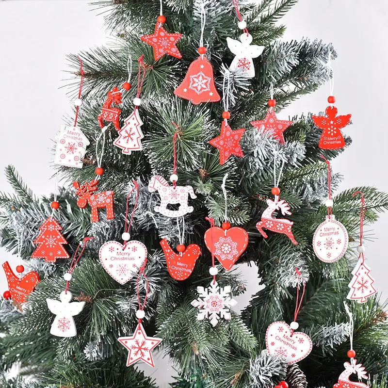 عيد الميلاد الحلي الخشبية ديي الأحمر والأبيض ندفة الثلج انقطاع ديكور شجرة عيد الميلاد الأيائل جرس الحب الملاك شنقا الزينة