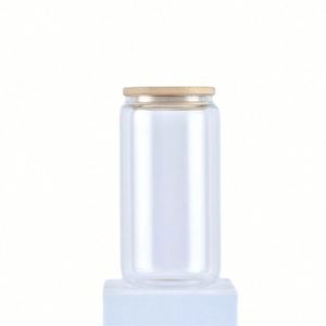 En stock entrepôt USA : Verres à bière en verre transparent dépoli de 12oz et 16oz, vierges pour sublimation, avec couvercle en bambou et paille - Product Image 1