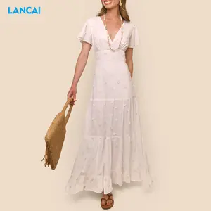 Women Clothing Manufacturers Casual Dresses Embroidered Ladies Dress V-neck Flying-sleeve Midi Dresses
