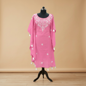 Premium Cotton Chikankari <b>Kaftan</b> for <b>Women</b> Hand Embroidered Indian <b>Kaftan</b> Dress Loose Fit Summer Resort Wear Wholesale Supplier - Product Image 1