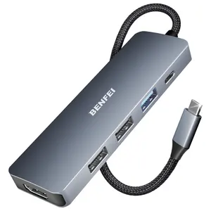 4K HDM I가 있는 5 in 1 USB C 허브, 3 USB-A, 100W 전원 공급 장치, 실리콘 및 짠 디자인 케이블, 알루미늄 케이스