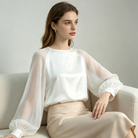 Chemise en soie certifiée GOTS pour femmes, blanc nacré, organza, manches lanternes, col rond, élégante, fabricant OEM ODM