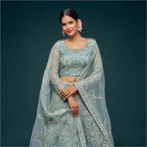 Mint <b>Green</b> Cotton Embroidered Lehenga Choli Set Traditional <b>Net</b> Unstitched Chaniya Dupatta Bride Wedding Party Diwali Wear - Product Image 1