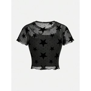 FOXA เสื้อครอปผ้าชีฟองพิมพ์ลายดาวสำหรับผู้หญิง แขนสั้น ระบายอากาศได้ดี - Product Image 2