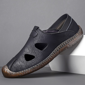 Men's Casual Hollow Leather <b>Sandals</b> With Stitching Rubber Sole Breathable Low Heel For Leisure - Product Image 1