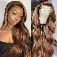 Perruque Lace Front HD avec Balayage et Mèches Blondes, Racine Ombrée, Cheveux Humains Vierges Remy, Ondulation Body Wave, pour Cheveux de Bébé