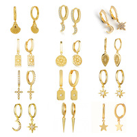 Pendientes de Aro de Plata de Ley 925 con Diseño de Luna, Estrella y Corazón, Chapados en Oro de 18K, para Mujer
