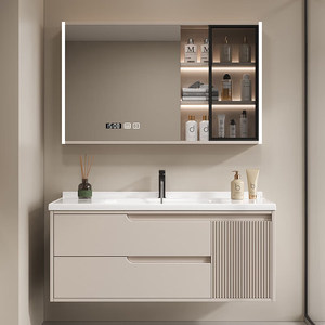 Meuble de salle de bain en bois massif style crème avec lavabo intégré en céramique - Product Image 3