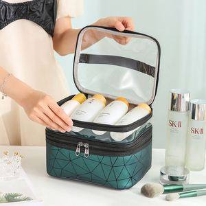 Big Capacity Double Layer Geometric PVC Toiletries Bags <b>Makeup</b> <b>Brush</b> <b>Holder</b> Portable Cosmetic Bag for Women - Product Image 2