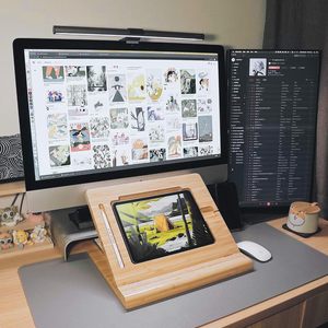 Bamboo <b>Tablet</b> <b>Stand</b> Height Adjustable Foldable Wood Natural Color <b>For</b> Drawing And Video Viewing With Charging Port - Product Image 1