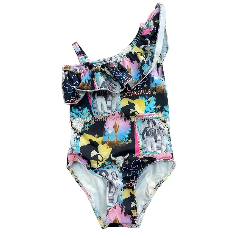 Summer Kids Girl Swimwear Longhorn Cactus Printed Children Beach Bathing Suits Ruffle Sleeveless Tops Skirted Shorts Swimsuits
