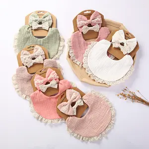 RTS Baby 100% Muslin Cotton Quick Dry Pure Color Bandana Baby Bibs Sets With Bow Headband