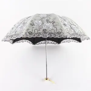 2024 New Design Lace flower embroidery parasol wedding fabric umbrella with black coating