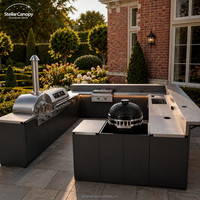 Îlot de cuisine extérieur modulaire moderne de luxe en forme de U, cuisine extérieure en acier inoxydable 304, barbecue au gaz naturel 6 brûleurs
