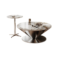 Ensemble de table basse ronde moderne en 2 pièces, plateau en marbre naturel avec base en acier inoxydable poli