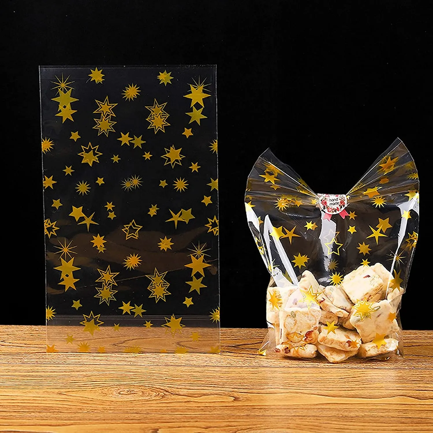 Gold Star Printed Flache klare Kunststoff Cellophan Cello Taschen Bäckerei Cookie Candies Treat Taschen mit Twist Ties