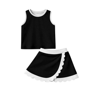 ชุดเด็กผู้หญิง GSD4029 CUSTOM Little Active Girl สีดำลายตารางขาว แต่งขอบหยัก ชุดขายส่ง เสื้อแขนกุด กระโปรง ชุดโยคะ - Product Image 1