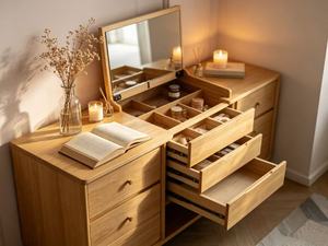 Premium Solid Oak Integrated Dressing Table Fluted Glass Cabinet Multi Open Storage Makeup <b>Vanity</b> With Stool - Product Image 3