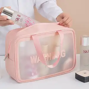 Organizzatore da viaggio con Logo personalizzato all'ingrosso sacchetto per trucco trasparente in Pvc sacchetto per cosmetici bianco rosa caldo trasparente sfuso