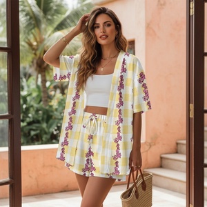 Conjunto de camisa informal para <span class=keywords><strong>mujer</strong></span>, pantalones cortos de cintura alta, traje holgado con estampado de flores a cuadros para verano, para playa - Product Image 4