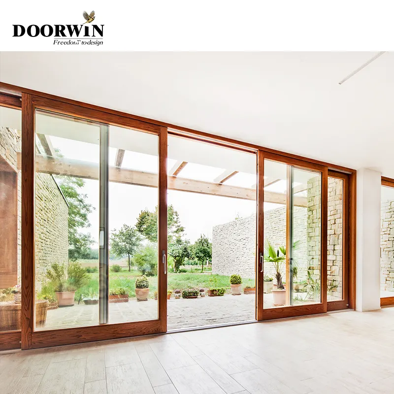 Doorwin-puertas de entrada residencial delantera de diseño simple, vidrio templado de doble acristalamiento, puertas corredizas de madera revestidas de aluminio para patio