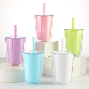 Copo Plástico Grande de 720ml com Dupla Parede e Canudo, Resistente ao Calor, Reutilizável para Bebidas - Product Image 1
