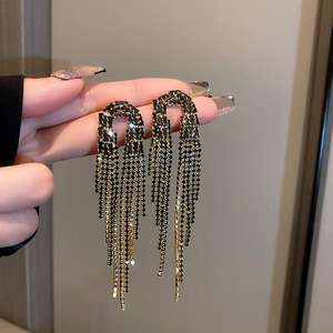 ต่างหูแฟชั่นสำหรับผู้หญิงต่างหูรูปพัดประดับเพชรเพทายรูปเรขาคณิตต่างหูพู่ยาว - Product Image 6