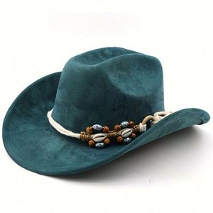 Sombrero Vaquero Occidental de Ante Vegano de Moda, Novedad Otoño-Invierno, con Cuerda de Cuentas de Madera - Product Image 3