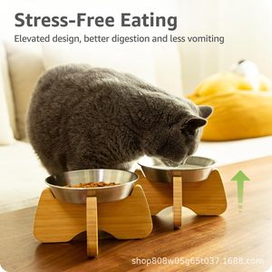 Soporte de madera para comedero de gatos, elevado, para gatos de interior, diseño redondeado con tazones de acero inoxidable - Product Image 3