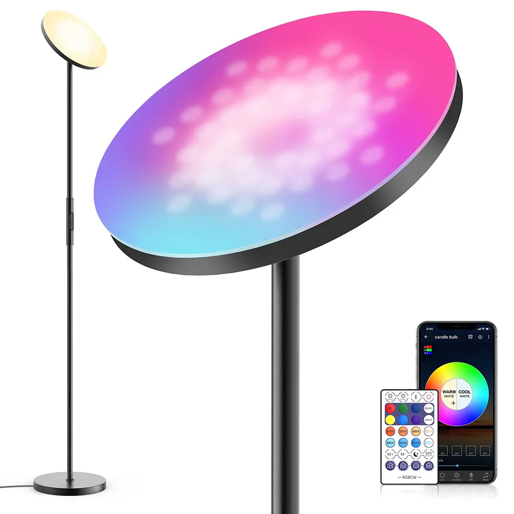 175cm 24W Dimmable 2700K-6500K Brightness RGB Smart WiFi RGB Floor Lamp Torchiere Modern Rhythm Pickup Tall Standing Lamp