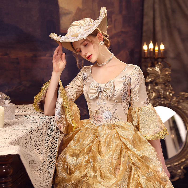 Gold Renaissance Long Gown Costume for Women - Elegant Prom Queen Dresses &  Cosplay in Stunning Gold Sequin