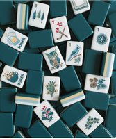 Jeu de Mahjong américain d'extérieur 166 tuiles, tuiles de Mahjong avec motifs naturels Hibou forestier et Oiseau, avec Joker, Teal 3 couches