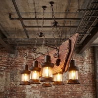 Lustre créatif de style rustique américain sculpté, suspension industrielle vintage en bois et fer, finition chocolat, éclairage LED central
