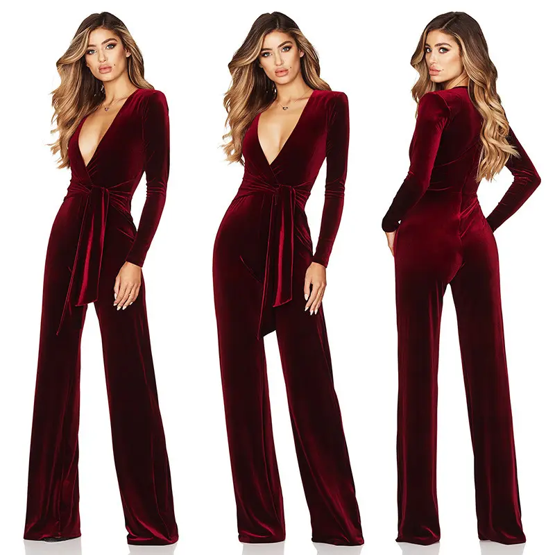 Samt Jumps uit für Frauen Herbst Winter Casual Stram pler Slim Wide Leg Pants Sexy Damen Jumps uits