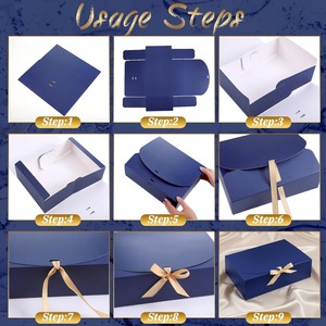 กล่องของขวัญมีฝาปิด กล่องกระดาษคราฟท์สีน้ำเงินแบบพับได้ พร้อมริบบิ้นสีทอง สามารถปรับแต่งได้ตามความต้องการ - Product Image 3