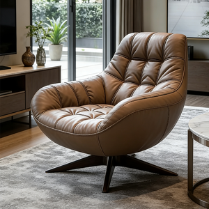 Fauteuil Lounge Nordique en Cuir <span class=keywords><strong>Marron</strong></span>, Canapé Simple, Fauteuil Pivotant Confortable, Fauteuil Club à Dossier Haut, Ensemble de Meubles de Lecture Rembourrés - Product Image 6