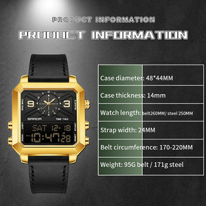 SANDA 6265 Montre électronique carrée à double affichage pour hommes, montre-bracelet étanche multifonctionnelle pour affaires et sports, chronographe, alarme - Product Image 3
