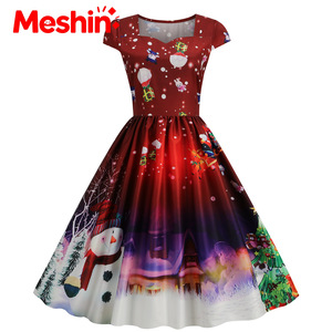 Vestido Midi Acampanado Estilo Vintage Navideño Meshin, Casual Europeo Americano con Cuello Redondo, Satén Estampado, Cintura Natural, Diseño de Dibujos Animados - Product Image 3