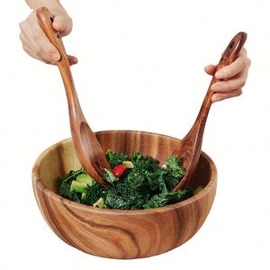 100% All-Natural Eco-Friendly <b>Extra</b> <b>Large</b> Acacia Wood Salad Bowl Set with Spoon Polished 3-Piece - Product Image 2