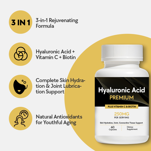 Private Label 3-in-1 Hyaluronic Acid Capsules with Collagen and Vitamins Beauty Supplement Skin Hydration Support Wholesale Bulk