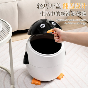 Penguin Cartoon Trash Can With Lid Removable Inner Bucket Indoor Use White Blue Color Round Shape - Product Image 3