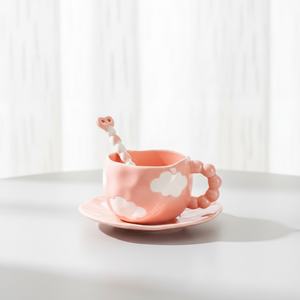 Mug à café en céramique créatif de luxe, doux, Fufu, avec soucoupe, pétrissage à la main, irrégularité, forme spéciale, fleurs mignonnes peintes à la main - Product Image 1