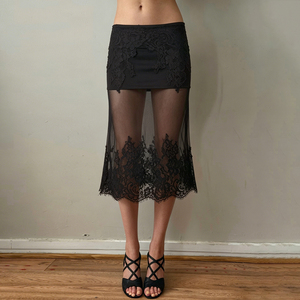 Falda gótica de gala para mujer, con cintura baja, transpirable, con volantes de encaje floral, forro de malla transparente, para fiesta, hasta la rodilla - Product Image 1