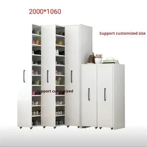 Étagère à chaussures mobile avec panneau en bambou coulissant, porte, roulettes, grande capacité - Product Image 1