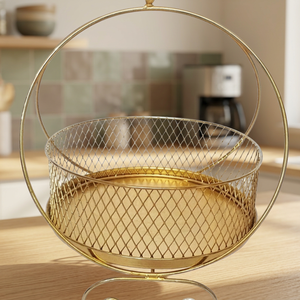 Modern <b>Round</b> Metal <b>Storage</b> <b>Basket</b> Gold Finish Durable Welded Design Standing Type for Living Room Neatening - Product Image 2