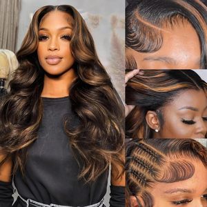 Pelucas de Cabello Humano con Ondas Corporales y Frente de Encaje HD 13x4, Color Marrón 1B/30 con Mechas <span class=keywords><strong>Balayage</strong></span>, Pre-Depiladas, para Mujeres Negras - Product Image 3