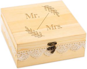 Boîte de souvenirs en bois avec couvercle Boîte de rangement en bois avec bord en dentelle, parfaite pour les couples, douche nuptiale d'anniversaire de mariage, cadeaux - Product Image 1