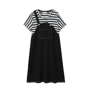 เดรสลายทางแบบแพทช์เวิร์ค รุ่น Runqi ทรงสองชิ้นปลอมแบบมีสายคล้องไหล่ ไซส์พลัส สีดำ คอกลม สำหรับผู้หญิง รุ่น N8737 - Product Image 1